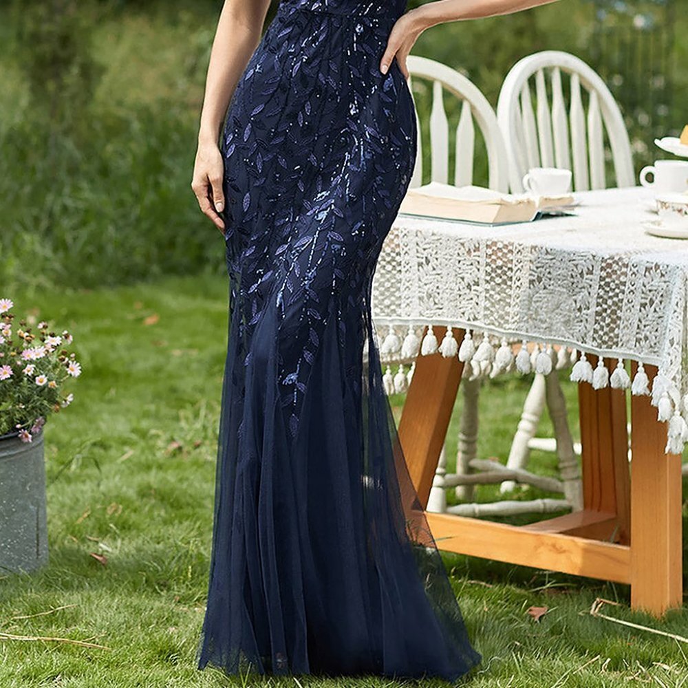 NEW NAVY MOTHER OF BRIDE EVENING FORMAL SHEATH GLITTERY LONG DRESS GOWN AC7707 - Picture 6 of 7